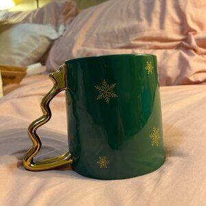 Green Holiday Snowflake Collectible Mug with Gold Wavy Handle - 2025 Collection